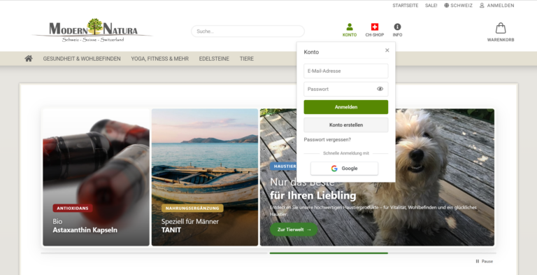 Screenshot der neuen „Mit Google anmelden“-Funktion im Anmeldefenster des Modern Natura Online-Shops.